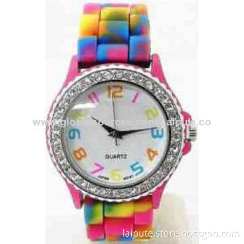2014 Latest Design Army Geneva Crystal Rhinestone Watch, Silicone Jelly Link, Dark Green Band
